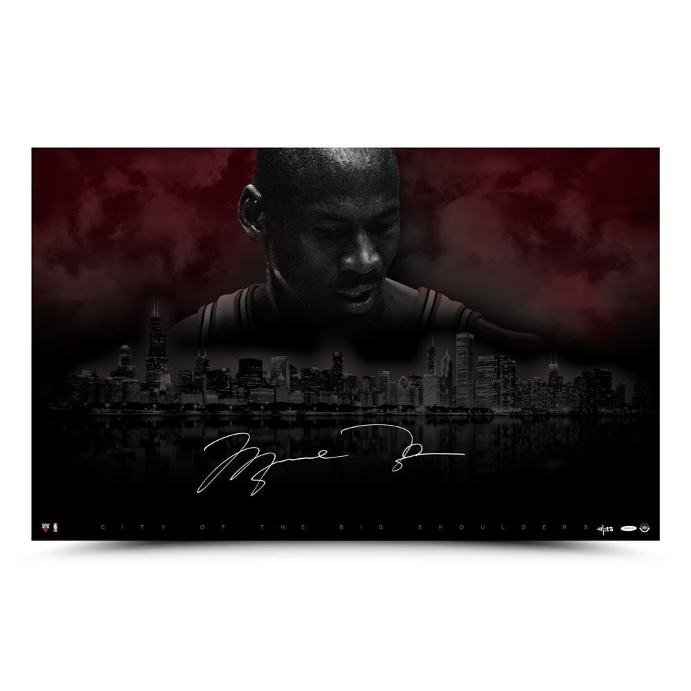 Upper Deck Signed Michael Jordan 25X40 Bulls Photo Limited to 123: Upper Deck Signed Michael Jordan 25X40 Bulls Photo Limited to 123 Autographed Michael Jordan "City of Big Shoulders" photo featuring the Chicago Bulls. This original piece is limited and hand-numbered