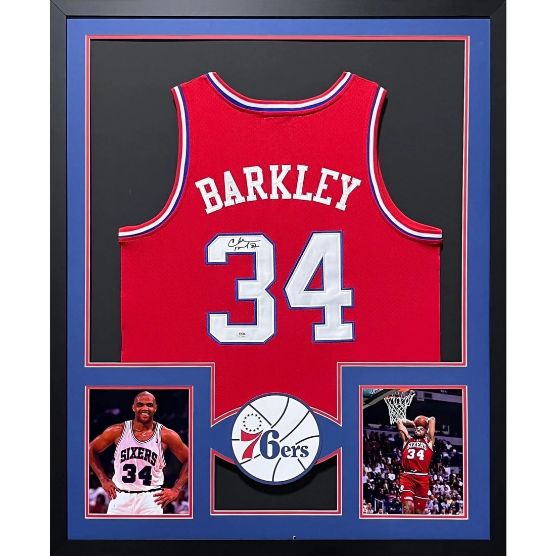 Framed Philadelphia 76ers Jersey Signed by Charles Barkley PSA DNA: Framed Philadelphia 76ers Jersey Signed by Charles Barkley PSA DNA Pre-owned framed Charles Barkley autographed Philadelphia 76ers jersey. The signature is authenticated by PSA/DNA and includes a tamp