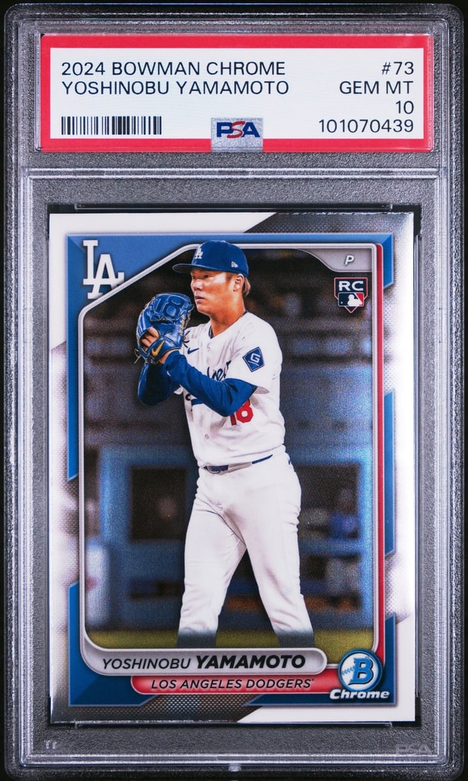 PSA 10 Yoshinobu Yamamoto 2024 Topps card 73 rookie: PSA 10 Yoshinobu Yamamoto 2024 Topps card 73 rookie Graded 2024 Topps Bowman Chrome Yoshinobu Yamamoto #73 rookie card, professionally encapsulated by PSA and assigned a Gem Mint 10 grade. This multic