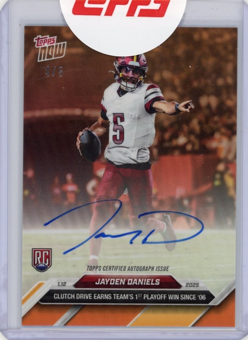 Jayden Daniels 2024 Topps Now 22B Orange Autograph Rookie Card /5: Jayden Daniels 2024 Topps Now 22B Orange Autograph Rookie Card /5 2024 Topps Now Jayden Daniels #22B sports trading card from the 2024 set, featuring the 1st Playoff Win Orange parallel. This rookie c