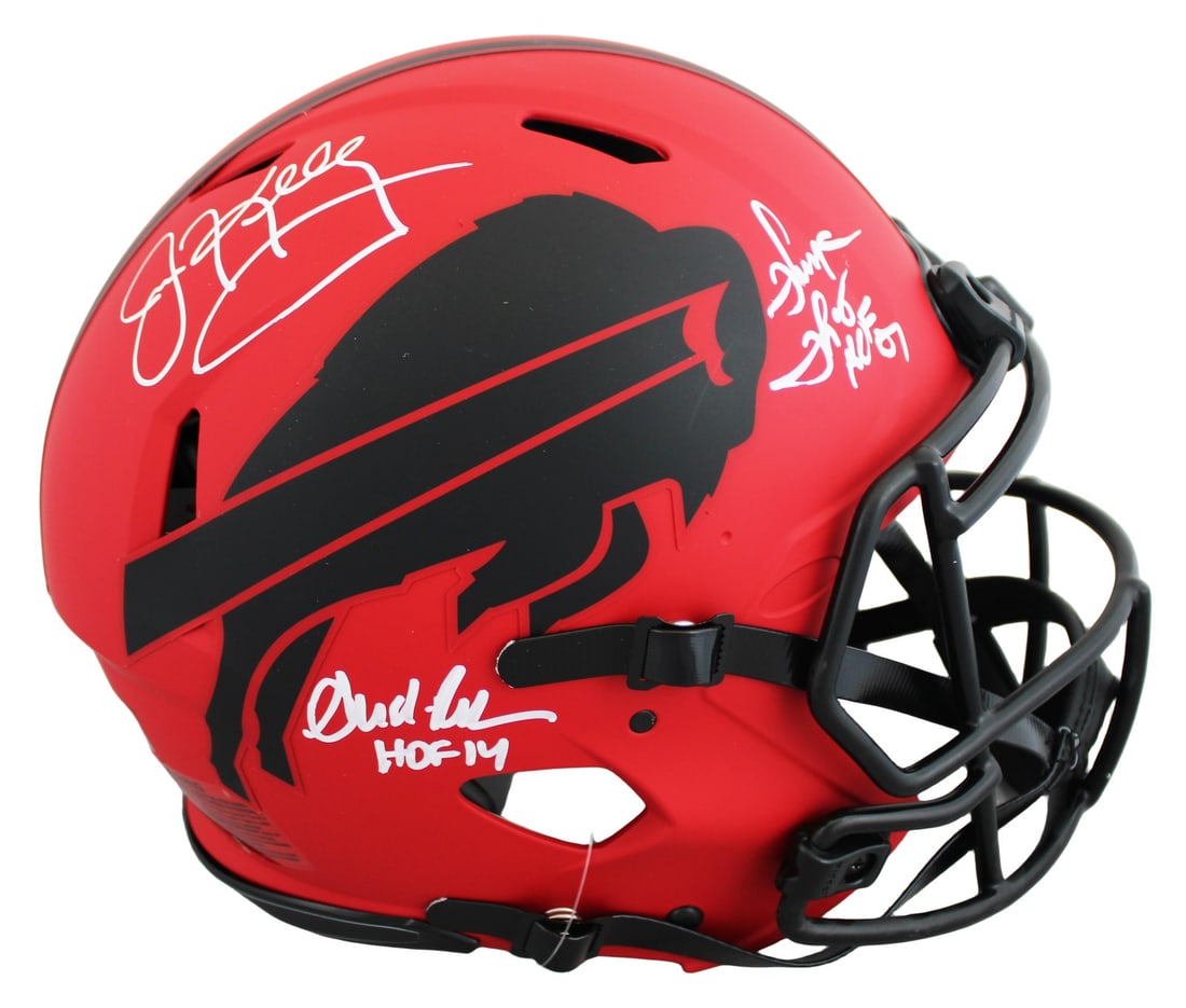 Buffalo Bills Riddell Speed Proline Helmet signed by Reed Kelly Thomas BAS: Buffalo Bills Riddell Speed Proline Helmet signed by Reed Kelly Thomas BAS Autographed Buffalo Bills alternate rave Riddell authentic full size Speed Proline helmet signed by Andre Reed, Jim Kelly, an
