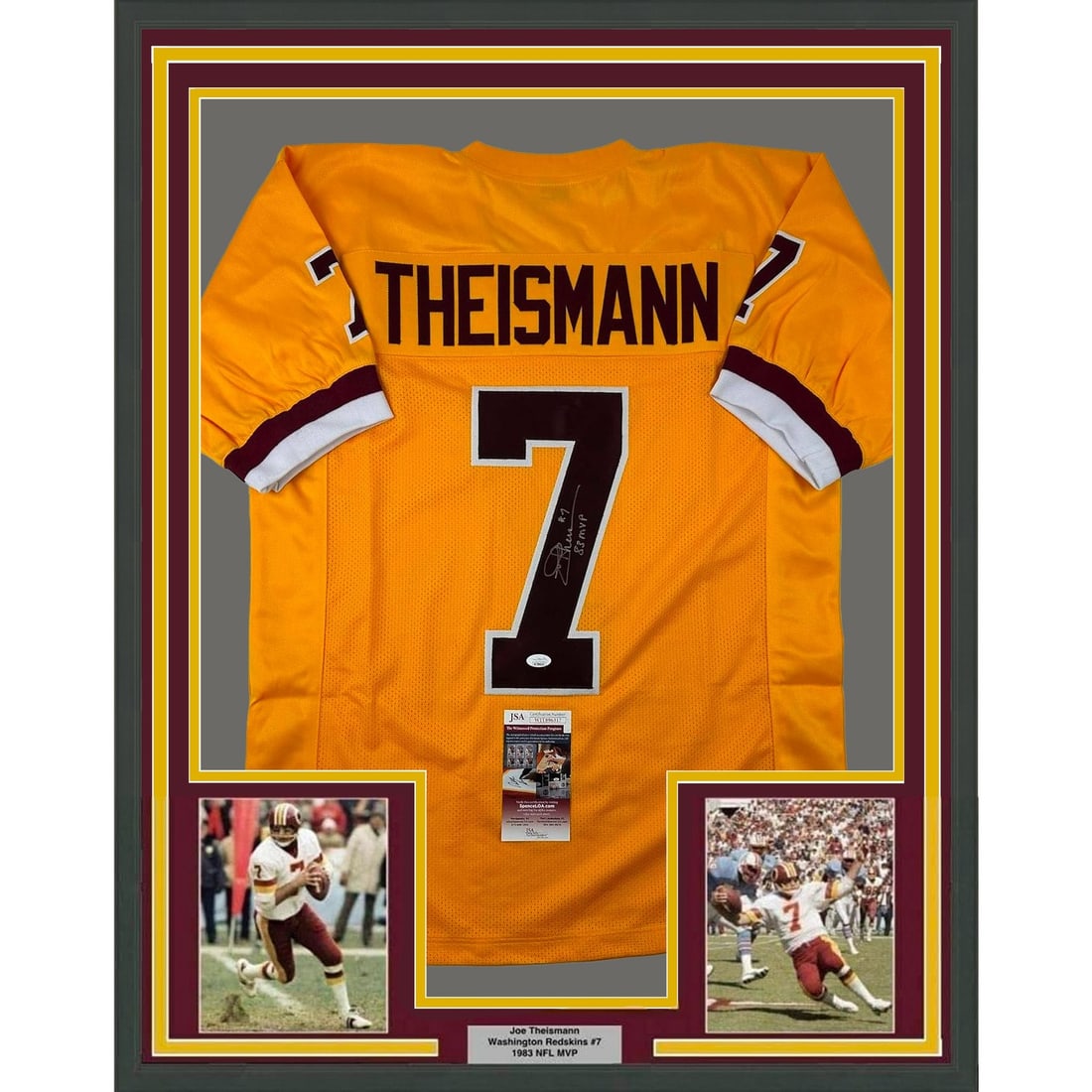 Joe Theismann signed framed yellow NFL jersey display 35x39 JSA (1 of 2)