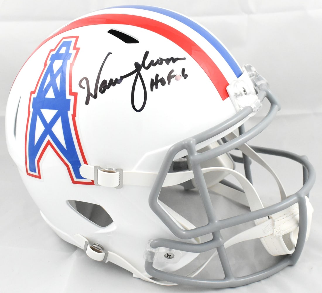 Houston Oilers Full Size Speed Helmet Signed by Warren Moon Beckett Holo: Houston Oilers Full Size Speed Helmet Signed by Warren Moon Beckett Holo Pre-owned full-size Houston Oilers Speed helmet autographed by Warren Moon. This football collectible includes Beckett Authenti