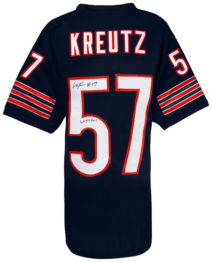 Chicago Bears Olin Kreutz signed custom navy jersey 6x Pro Bowl inscription: Chicago Bears Olin Kreutz signed custom navy jersey 6x Pro Bowl inscription This is a pre-owned navy custom football jersey signed by Olin Kreutz, featuring a "6x Pro Bowl" inscription. The jersey rep