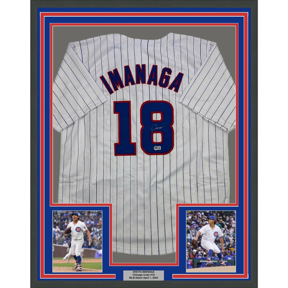 35x39 Framed Shota Imanaga Signed Cubs Pinstripe Jersey Beckett COA: 35x39 Framed Shota Imanaga Signed Cubs Pinstripe Jersey Beckett COA Professionally framed and matted autographed pinstripe jersey signed by Shota Imanaga. This original baseball collectible includes t