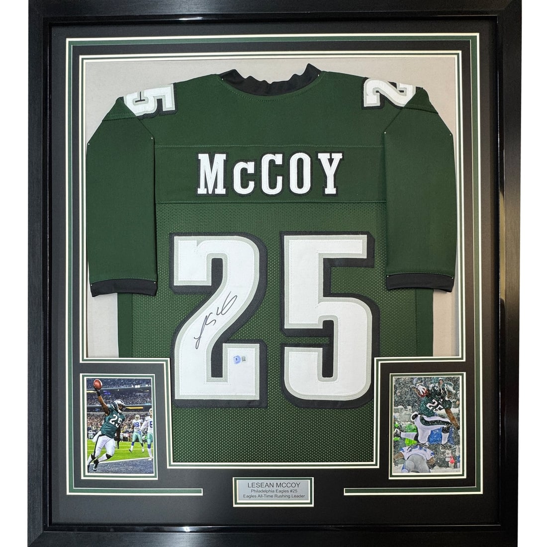 LeSean McCoy autographed framed Eagles jersey 35x39 with JSA COA: LeSean McCoy autographed framed Eagles jersey 35x39 with JSA COA Professionally framed and matted signed Philadelphia Eagles jersey featuring LeSean McCoy. This original autographed display includes t