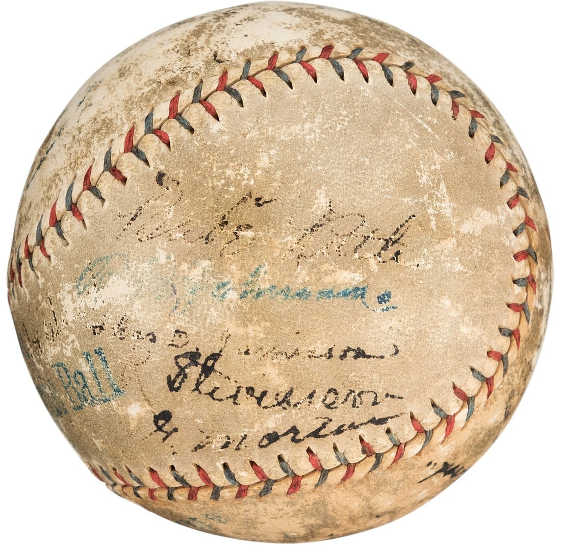 1920 Cleveland Indians Team Signed Baseball Babe Ruth Ray Chapman PSA LOA: 1920 Cleveland Indians Team Signed Baseball Babe Ruth Ray Chapman PSA LOA This original 1920 Cleveland Indians World Series Champions baseball is a remarkable piece of sports history. Authenticated by