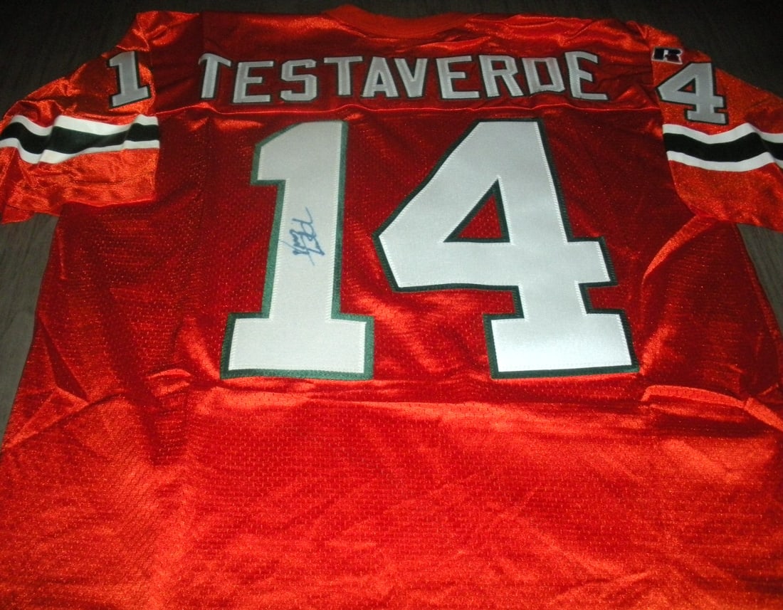 Autographed Russell Jersey Vinny Testaverde Miami Hurricanes With COA: Autographed Russell Jersey Vinny Testaverde Miami Hurricanes With COA This is an official licensed Russell jersey signed by Vinny Testaverde, featuring the Miami Hurricanes. The jersey comes with a ce