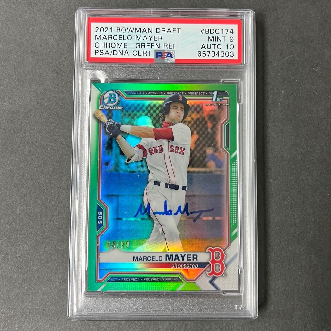 2021 Bowman Chrome Green Marcelo Mayer Signed Rookie Card PSA 9 AUTO 10: 2021 Bowman Chrome Green Marcelo Mayer Signed Rookie Card PSA 9 AUTO 10 Enhance your baseball card collection with this 2021 Bowman Chrome Green 1st #BDC-174 signed card featuring Marcelo Mayer. This 