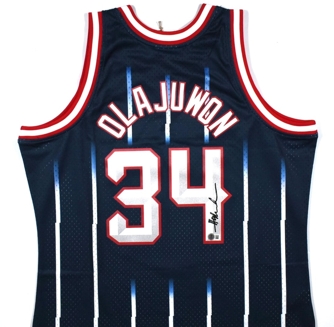 Signed Houston Rockets Hakeem Olajuwon Mitchell Ness jersey Beckett hologram black (1 of 3)
