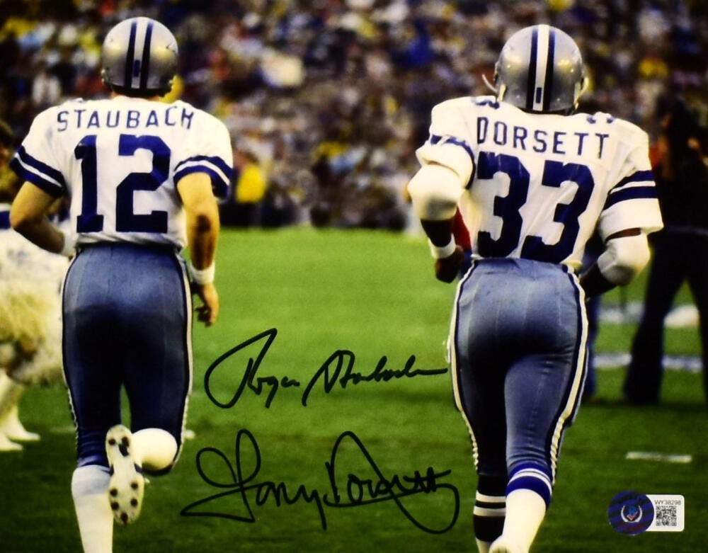 8X10 Dallas Cowboys Back Photo Signed by Staubach and Dorsett Beckett: 8X10 Dallas Cowboys Back Photo Signed by Staubach and Dorsett Beckett Pre-owned 8x10 back photo signed by Roger Staubach and Tony Dorsett. This football collectible features Dallas Cowboys memorabilia