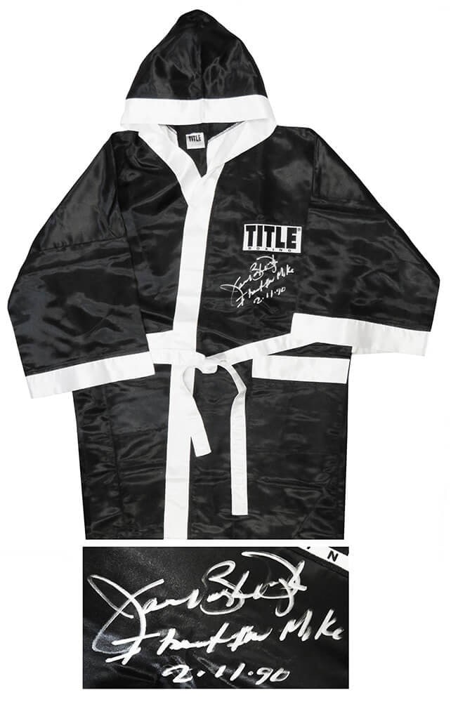 James Buster Douglas Signed Boxing Robe I Beat Iron Mike KO 2-11-90: James Buster Douglas Signed Boxing Robe I Beat Iron Mike KO 2-11-90 Own a piece of boxing history with this James Buster Douglas signed Everlast black boxing robe, featuring the inscription 'I Beat Ir