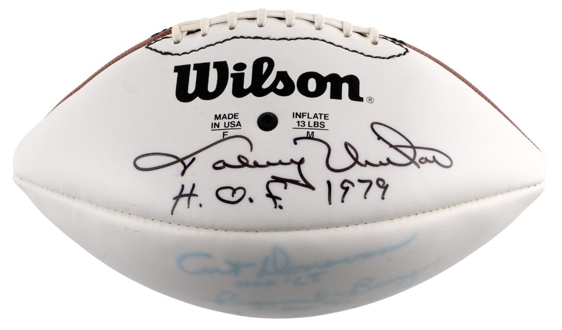 Wilson AFL football signed by Johnny Unitas and 5 Baltimore Colts JSA: Wilson AFL football signed by Johnny Unitas and 5 Baltimore Colts JSA Original signed football featuring Baltimore Colts Hall of Famers, highlighted by a prominent Johnny Unitas signature with "H.O.F.
