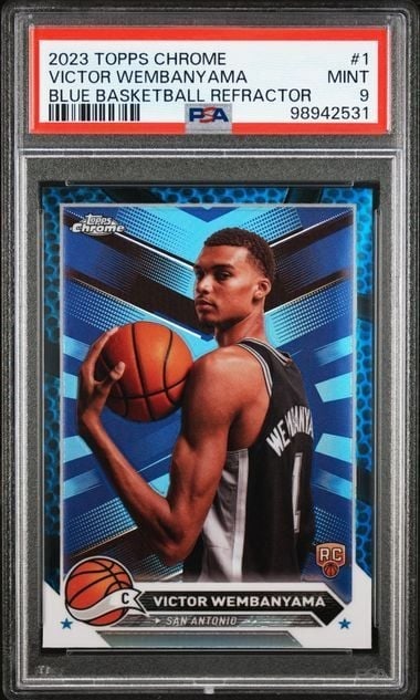 PSA 9 Victor Wembanyama 2023 Topps Chrome Blue Refractor Card #1: PSA 9 Victor Wembanyama 2023 Topps Chrome Blue Refractor Card #1 2023 Topps Chrome Victor Wembanyama #1 Blue Basketball Refractor sports trading card, professionally encapsulated and graded by PSA. Th