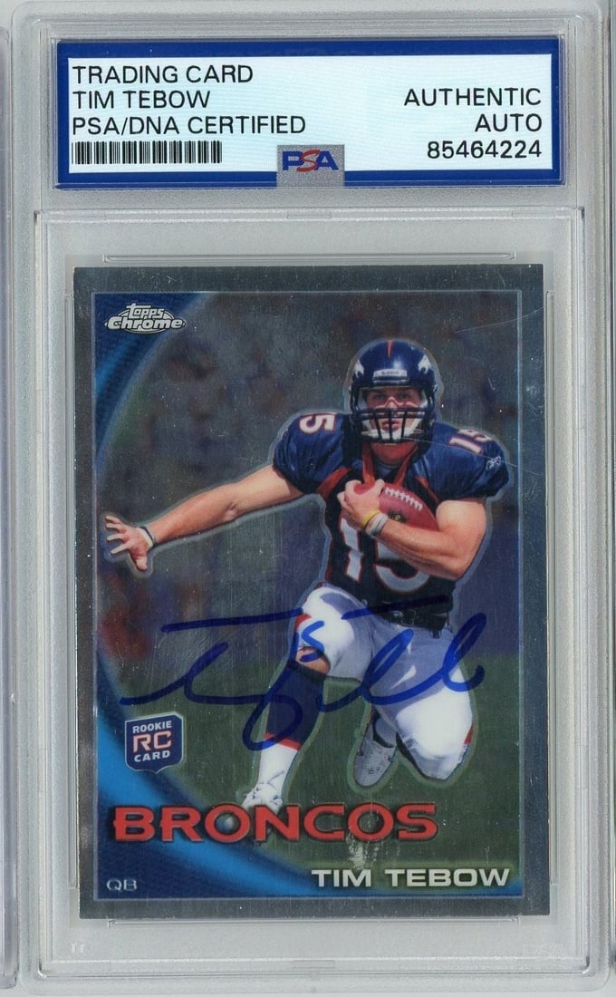 PSA Auth Tim Tebow 2010 Topps Chrome C100 Autographed Football Card: PSA Auth Tim Tebow 2010 Topps Chrome C100 Autographed Football Card Graded 2010 Topps Chrome Tim Tebow #C100 signed football trading card. This PSA-authenticated card is encapsulated by Professional S