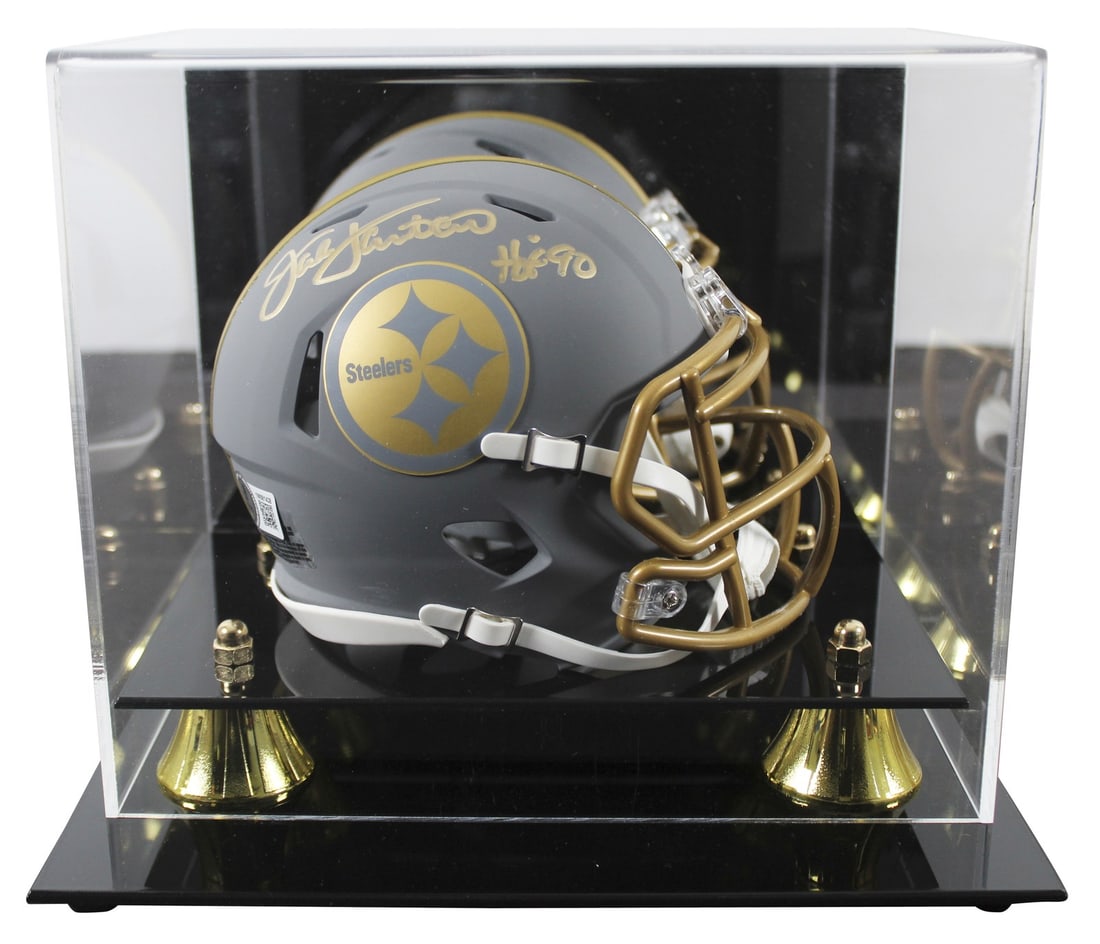 Jack Lambert signed Steelers slate Speed mini helmet with case BAS: Jack Lambert signed Steelers slate Speed mini helmet with case BAS Autographed alternate slate Speed mini helmet signed by Jack Lambert and inscribed "HOF 90." Includes a UV mirrored back acrylic disp
