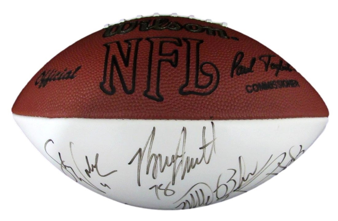 Wilson NFL Football signed by 15 1980s stars Jim Kelly HOF: Wilson NFL Football signed by 15 1980s stars Jim Kelly HOF Original Wilson NFL football signed by multiple NFL stars from the 1980s. This pre-owned football is an original autographed piece and featur