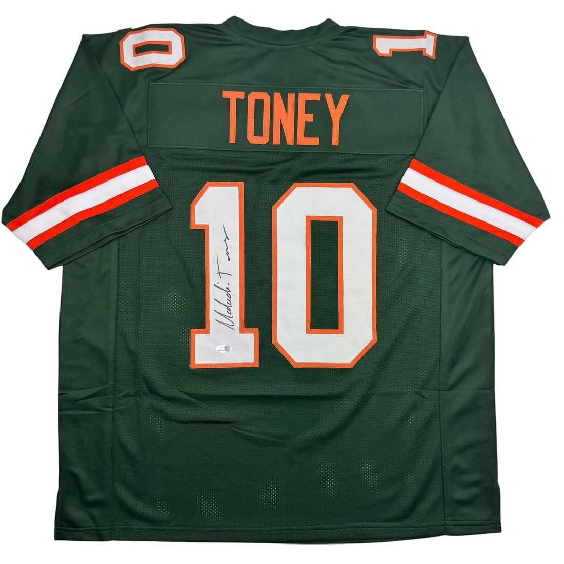 JSA Certified Malachi Toney Signed Miami Hurricanes Green Football Jersey: JSA Certified Malachi Toney Signed Miami Hurricanes Green Football Jersey Autographed Malachi Toney Miami green college football jersey intended as a collectible display piece. This original signed cu