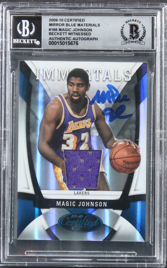 Magic Johnson Autographed 2009 Mirror Blue #166 Card BAS Gem Mint 10 Slabbed: Magic Johnson Autographed 2009 Mirror Blue #166 Card BAS Gem Mint 10 Slabbed This is a 2009 Certified Mirror Blue Materials #166 basketball trading card, numbered 35 out of 50, personally signed by Ma