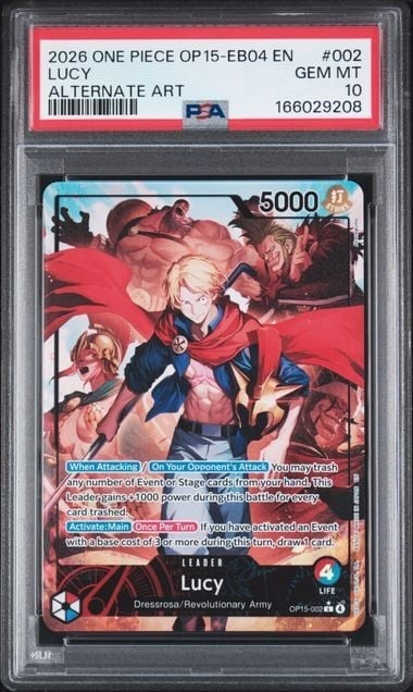 PSA 10 One Piece Lucy 002 Alt Art Card OP15 2026 English: PSA 10 One Piece Lucy 002 Alt Art Card OP15 2026 English Graded 2026 One Piece Lucy trading card with alternate art design. This English-language card is encapsulated by PSA and graded Gem Mint 10. Pr