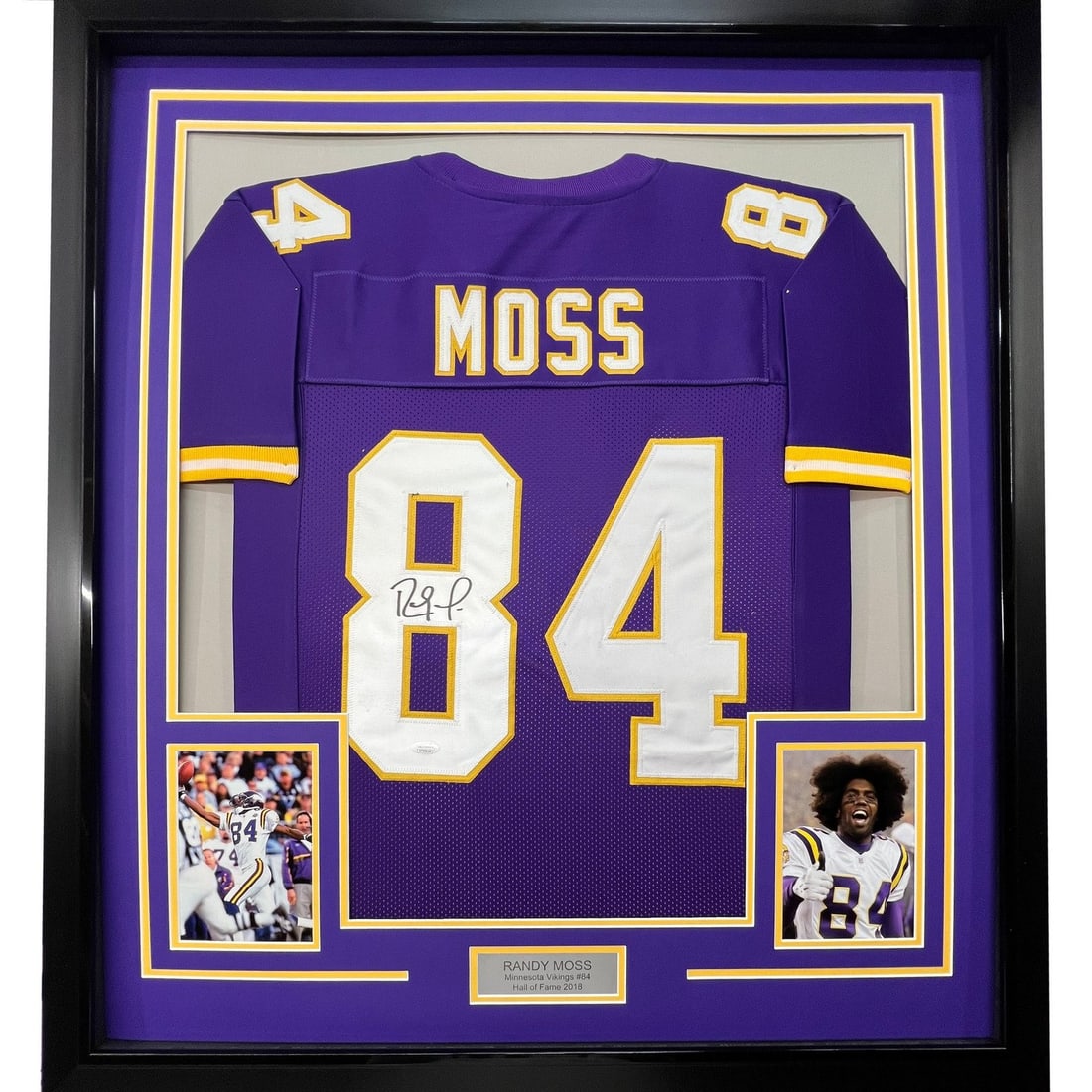 Randy Moss Signed Framed Minnesota Vikings Purple Jersey JSA 35x39: Randy Moss Signed Framed Minnesota Vikings Purple Jersey JSA 35x39 Professionally framed and matted autographed Randy Moss Minnesota purple jersey. This original signed football collectible includes t