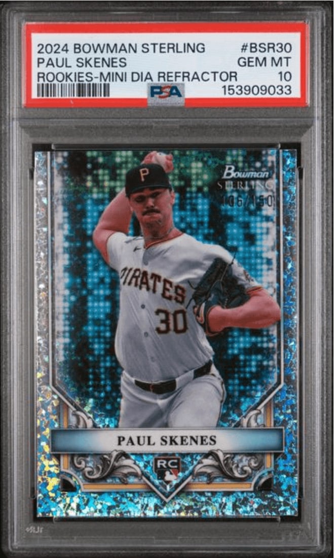 2024 Bowman Sterling Paul Skenes BSR30 Mini Diamond Refractor PSA 10 Rookie: 2024 Bowman Sterling Paul Skenes BSR30 Mini Diamond Refractor PSA 10 Rookie Graded 2024 Bowman Sterling Paul Skenes rookie sports trading card featuring the Rookies Mini Diamond Refractor parallel. Th