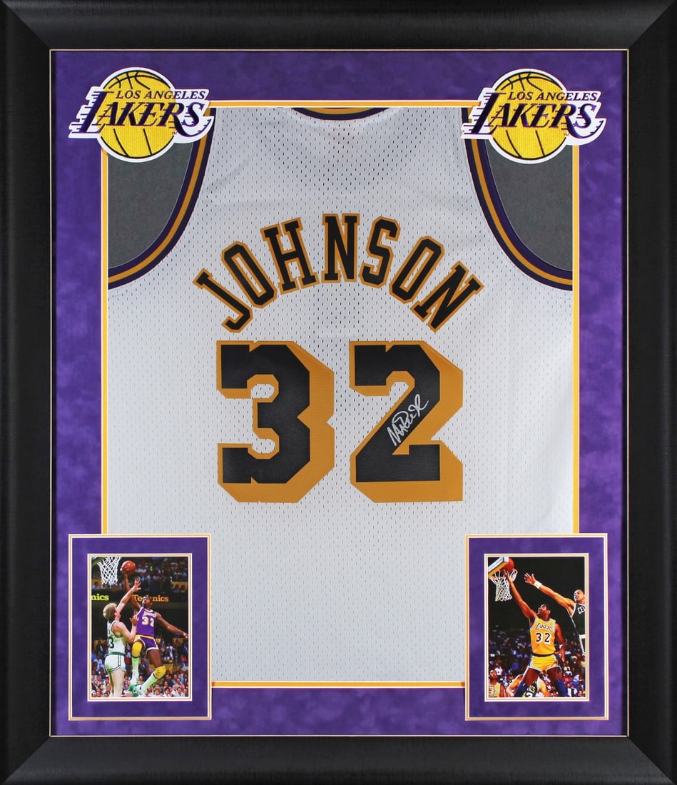 Magic Johnson Autographed Lakers Mitchell and Ness Framed Swingman Jersey BAS: Magic Johnson Autographed Lakers Mitchell and Ness Framed Swingman Jersey BAS Professionally framed white Mitchell & Ness 1984-85 Hardwood Classics Swingman jersey signed by Magic Johnson. This origin