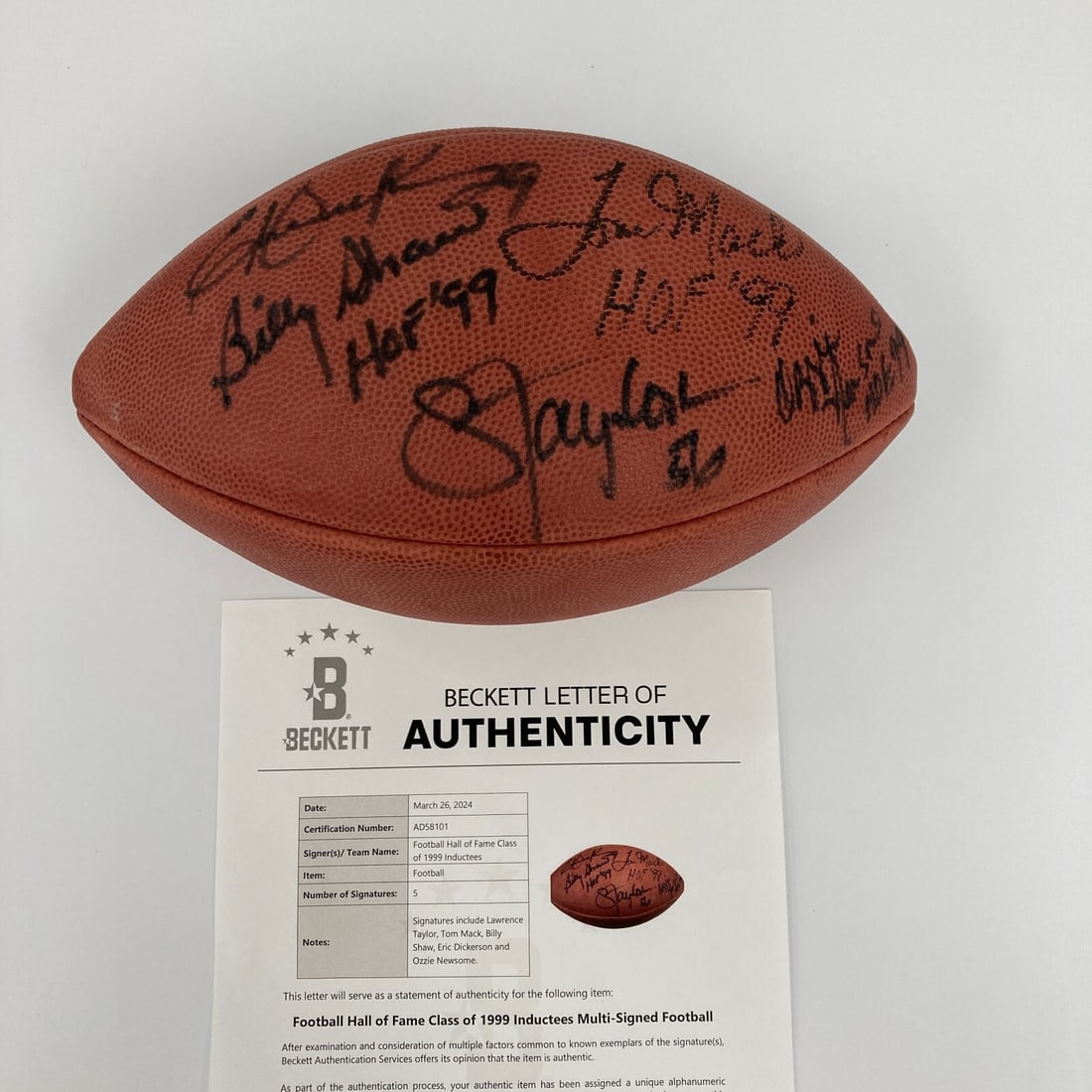 Wilson NFL football signed by 1999 Hall of Fame class 5 autographs BAS: Wilson NFL football signed by 1999 Hall of Fame class 5 autographs BAS Original signed Wilson NFL football featuring autographs from the 1999 Hall of Fame induction class in black Sharpie. Signatures 