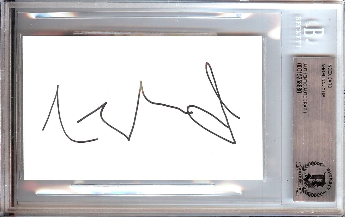 Authenticated Angelina Jolie Autograph on Index Card Beckett Encased: Authenticated Angelina Jolie Autograph on Index Card Beckett Encased Original Angelina Jolie autographed index card, authenticated and encased by Beckett Authentication. A paper collectible from the U