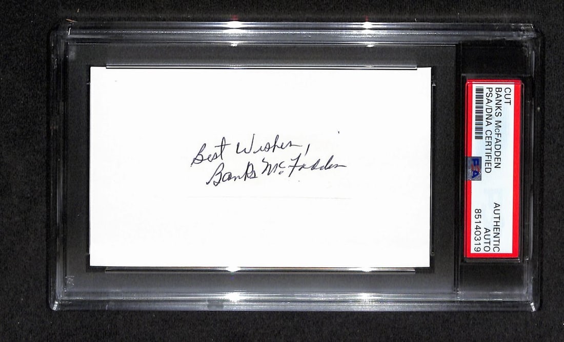 Banks McFadden signed 3x5 index card PSA DNA authenticated: Banks McFadden signed 3x5 index card PSA DNA authenticated Original Banks McFadden autographed 3x5 cut card on an index card format. The piece is authenticated by PSA/DNA and encapsulated in a tamper-