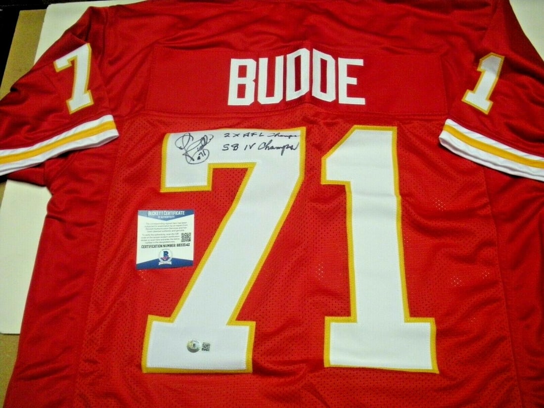 Ed Budde Autographed Kansas City Chiefs Super Bowl IV Champions Jersey Beckett COA: Ed Budde Autographed Kansas City Chiefs Super Bowl IV Champions Jersey Beckett COA This pre-owned Kansas City Chiefs jersey is signed by Ed Budde and commemorates the team's Super Bowl IV championship