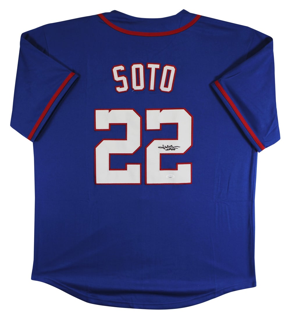 JSA Certified Juan Soto Signed New York Mets Blue Jersey: JSA Certified Juan Soto Signed New York Mets Blue Jersey Authentic blue pro style jersey personally signed by Juan Soto. This original autographed jersey includes JSA authentication with COA and holog