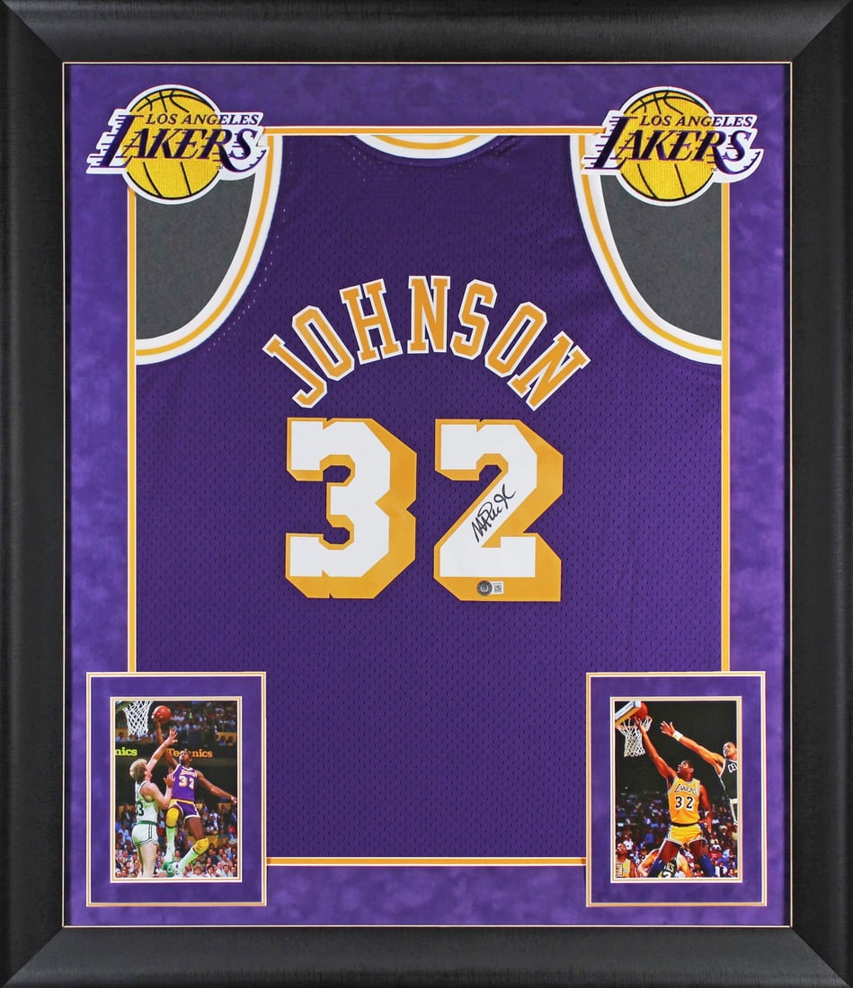 Magic Johnson Signed Lakers Framed Swingman Jersey BAS Witnessed (1 of 2)