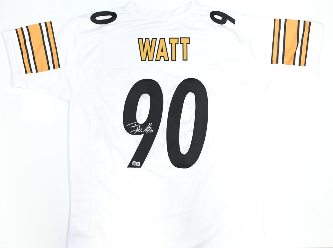Signed T.J. Watt White Football Jersey Beckett W Hologram Steelers: Signed T.J. Watt White Football Jersey Beckett W Hologram Steelers Autographed white pro style football jersey featuring T.J. Watt. This pre-owned piece is associated with the Pittsburgh Steelers and 