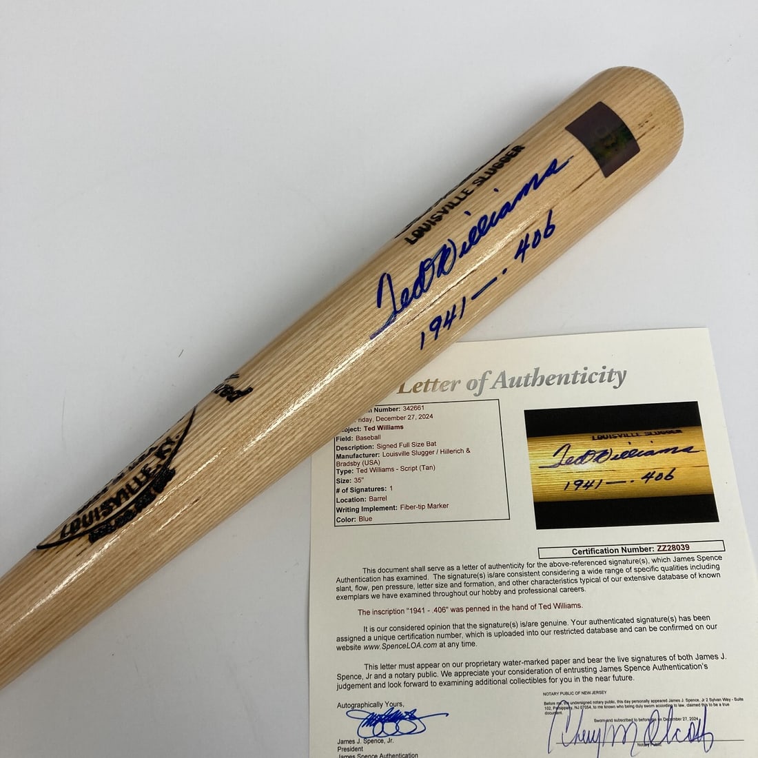 Ted Williams Signed 1941 .406 Game Model Baseball Bat JSA Letter COA (1 of 9)