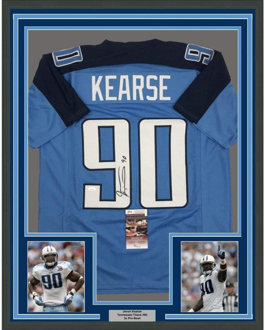 Jevon Kearse Autographed Framed Tennessee Titans Blue Jersey 35x39 JSA: Jevon Kearse Autographed Framed Tennessee Titans Blue Jersey 35x39 JSA Professionally framed and matted, this original light blue Tennessee Titans jersey is signed by Jevon Kearse and authenticated by