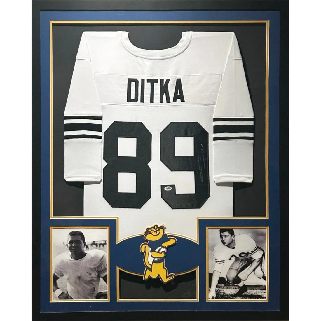 Framed Pitt Panthers Throwback Jersey Signed by Mike Ditka JSA: Framed Pitt Panthers Throwback Jersey Signed by Mike Ditka JSA Framed Mike Ditka autographed Pitt Panthers throwback jersey with detailed presentation and UV-protected acrylic. This pre-owned display 