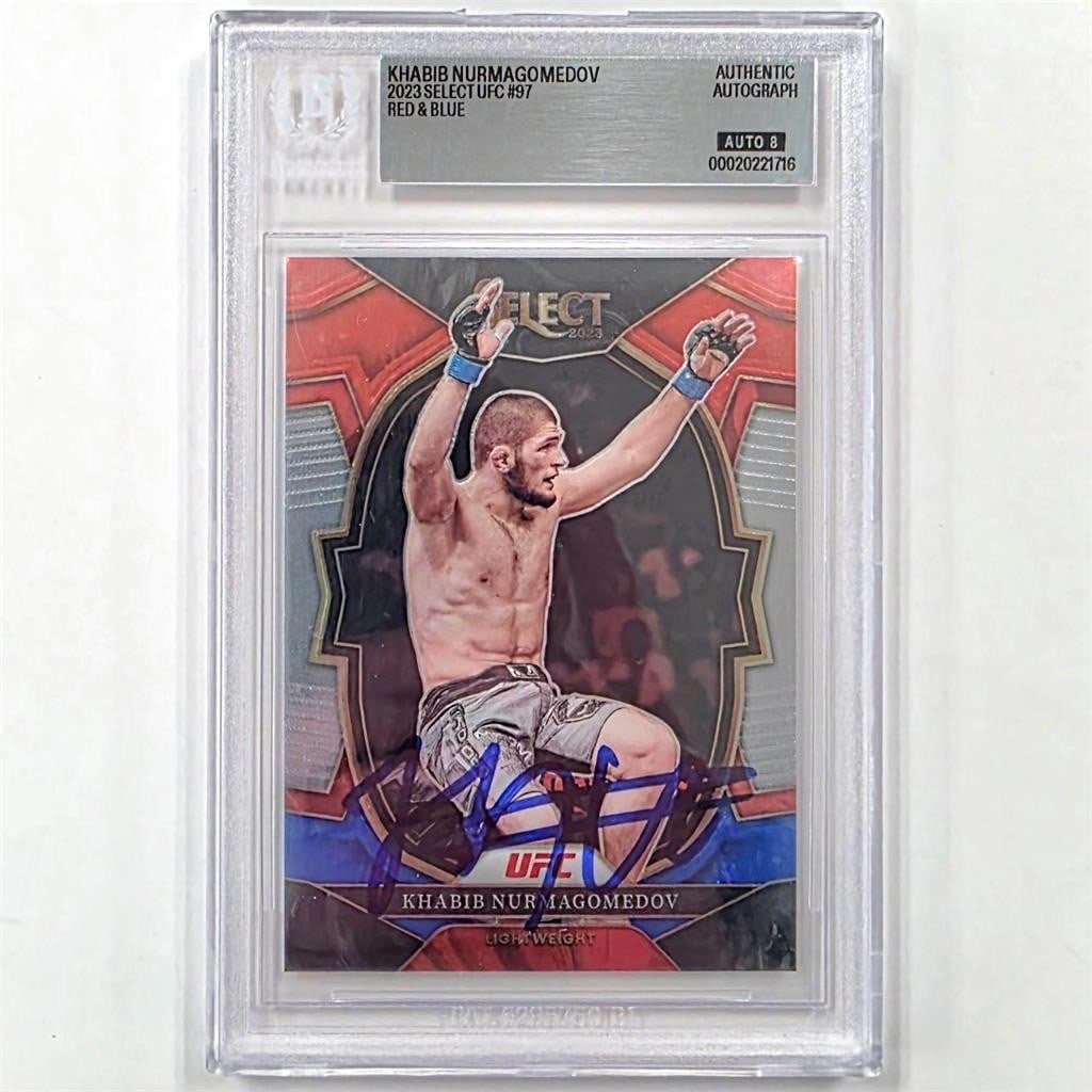 Khabib Nurmagomedov signed Panini Select UFC card 2023 Red Blue BAS: Khabib Nurmagomedov signed Panini Select UFC card 2023 Red Blue BAS Original 2023 Panini Select UFC sports trading card featuring Khabib Nurmagomedov. This pre-owned card is hard signed and includes B