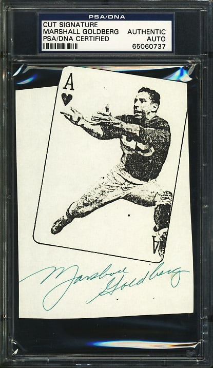 Marshall Goldberg autographed 3.5x5 cut PSA DNA authenticated: Marshall Goldberg autographed 3.5x5 cut PSA DNA authenticated Marshall Goldberg signed index signature card authenticated by PSA/DNA and housed in a slabbed holder. This pre-owned football collectible