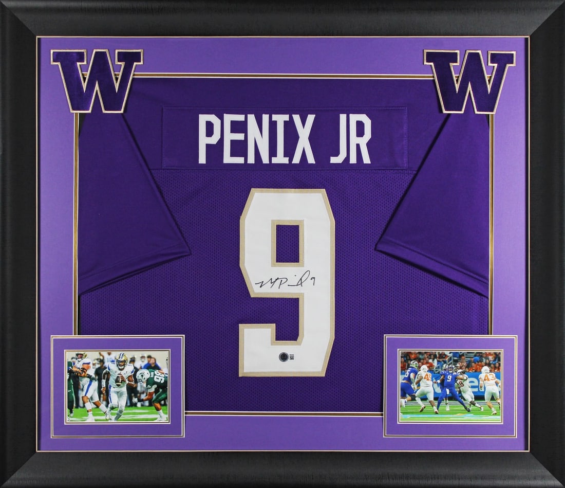 Framed Purple Pro Style Jersey Signed by Michael Penix Jr. BAS Witnessed: Framed Purple Pro Style Jersey Signed by Michael Penix Jr. BAS Witnessed Framed purple pro style jersey signed by Michael Penix Jr. for the Washington Huskies. The autograph is authenticated by Becket