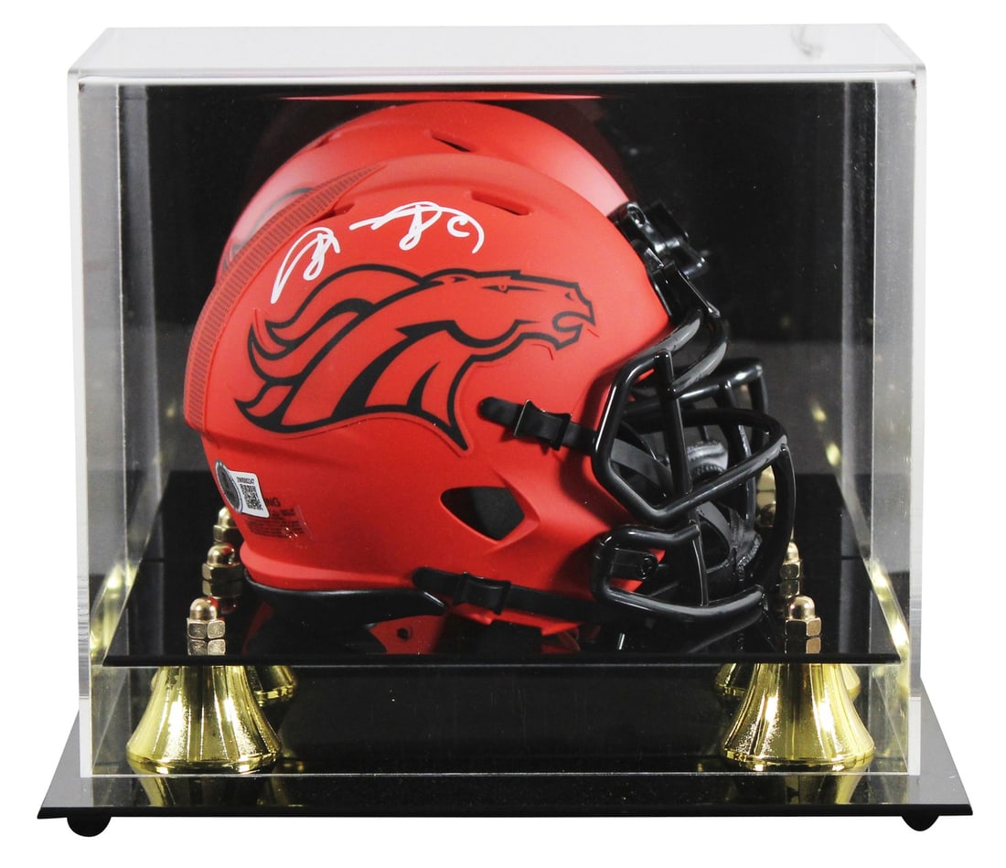 Denver Broncos Rave Speed Mini Helmet signed by Shannon Sharpe with BAS case: Denver Broncos Rave Speed Mini Helmet signed by Shannon Sharpe with BAS case Autographed Alternate Rave Speed mini helmet signed by Shannon Sharpe and paired with a UV mirrored back acrylic display ca