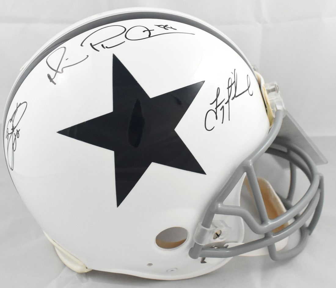 Authentic Full Size Helmet Dallas Cowboys Triplets Signed JSA: Authentic Full Size Helmet Dallas Cowboys Triplets Signed JSA Full-size authentic Dallas Cowboys football helmet autographed by the Triplets. Includes James Spence Authentication (JSA). Pre-owned cond