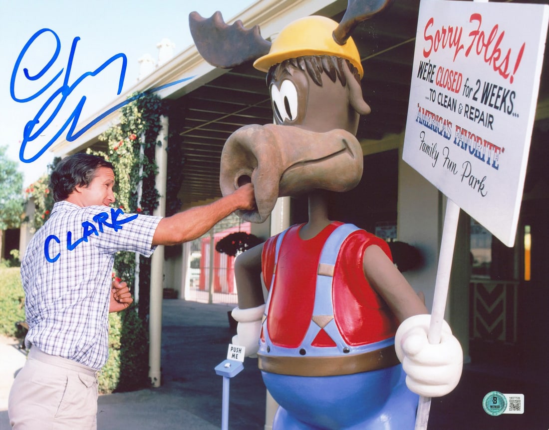 11x14 Signed Photo Chevy Chase as Clark BAS Beckett Authenticated: 11x14 Signed Photo Chevy Chase as Clark BAS Beckett Authenticated Autographed 11x14 photograph signed by Chevy Chase with the inscription "Clark" from National Lampoon's Vacation. It is an original it