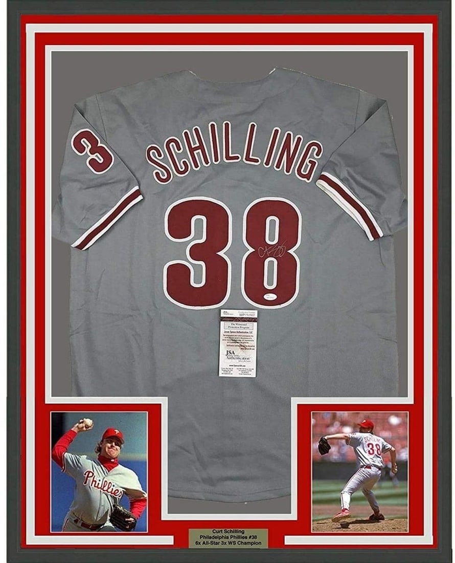 Curt Schilling signed framed Phillies gray baseball jersey 35x39 JSA (1 of 2)