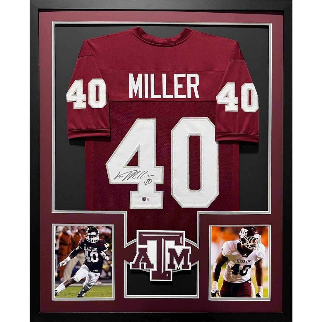 Beckett Certified Framed Von Miller Signed Texas A&M Jersey: Beckett Certified Framed Von Miller Signed Texas A&M Jersey Framed Texas A&M jersey autographed by Von Miller. This display piece includes Beckett authentication with a tamper-proof sticker and featur