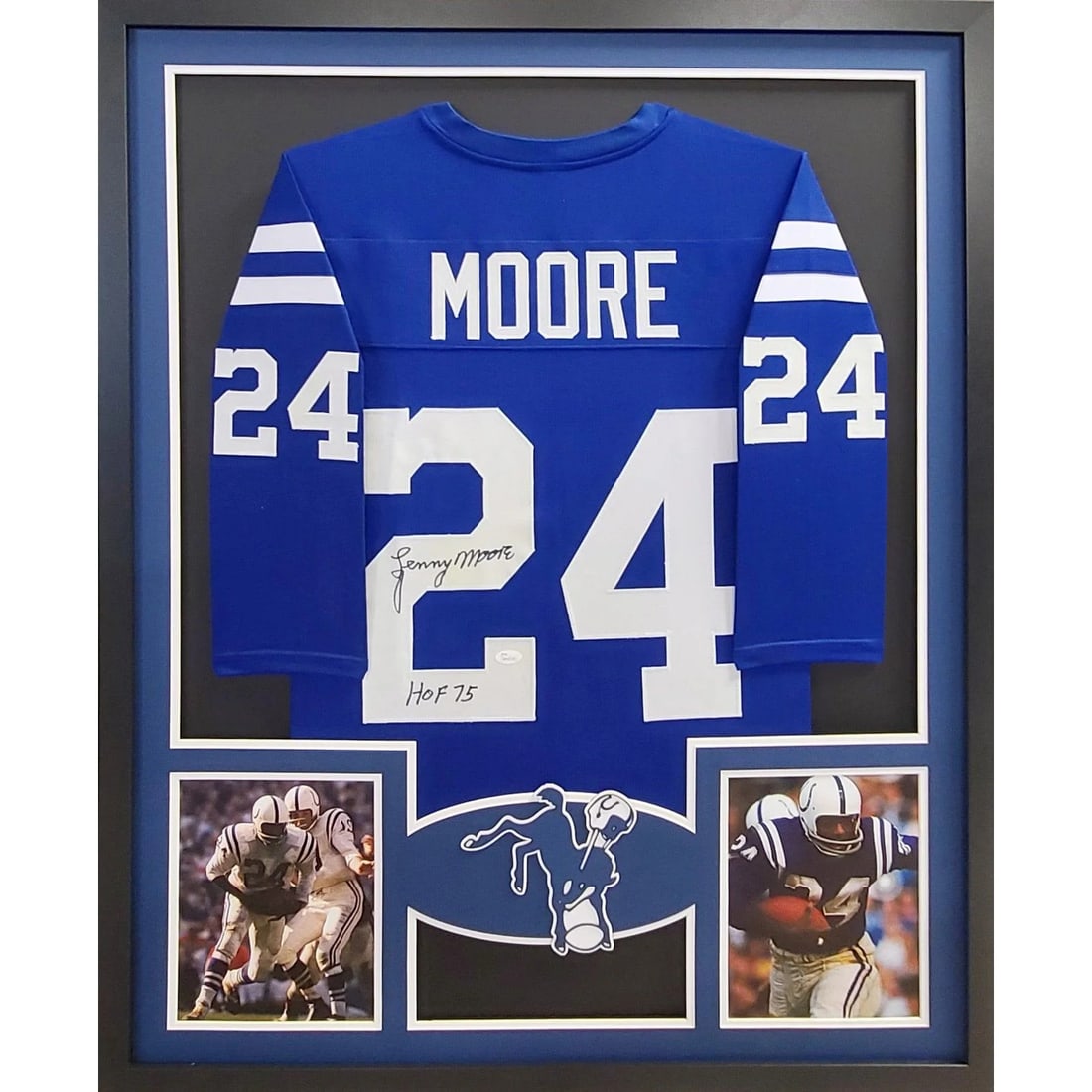 Lenny Moore Autographed Framed Jersey JSA Authenticated Baltimore Colts: Lenny Moore Autographed Framed Jersey JSA Authenticated Baltimore Colts This is a stunning autographed jersey of Lenny Moore, a legendary player from the Baltimore Colts. The jersey is beautifully fra