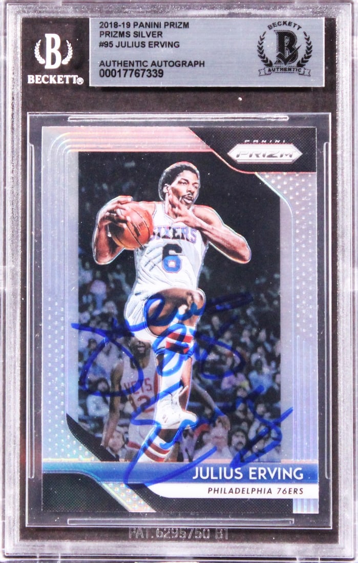 Julius Erving autographed 2018 Panini Prizm Silver #95 card Beckett slabbed: Julius Erving autographed 2018 Panini Prizm Silver #95 card Beckett slabbed Autographed 2018 Panini Prizm Prizms Silver #95 basketball card personally signed by Julius Erving of the Philadelphia 76ers