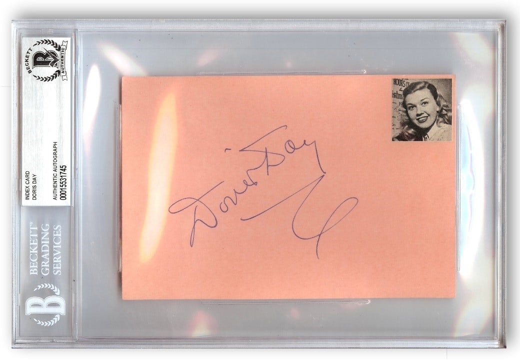 Doris Day Authentic Signed Index Card Beckett Authenticated Slabbed: Doris Day Authentic Signed Index Card Beckett Authenticated Slabbed This is an original index card signed by legendary actress and singer Doris Day. The autograph is authenticated by Beckett Authentic