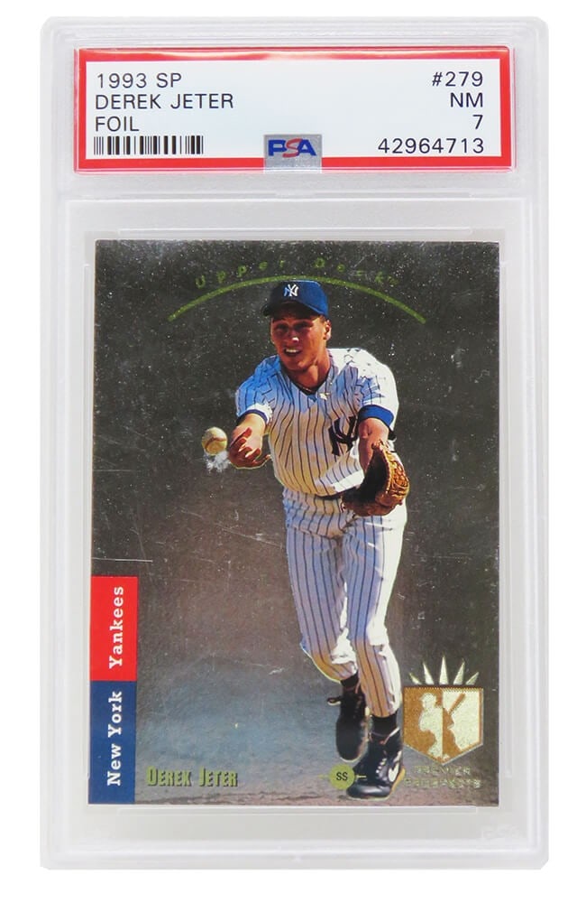 PSA 7 Derek Jeter 1993 Upper Deck SP Foil Rookie Card 279: PSA 7 Derek Jeter 1993 Upper Deck SP Foil Rookie Card 279 1993 Upper Deck SP Baseball Derek Jeter rookie card #279 featuring the New York Yankees. This baseball trading card is encapsulated and graded