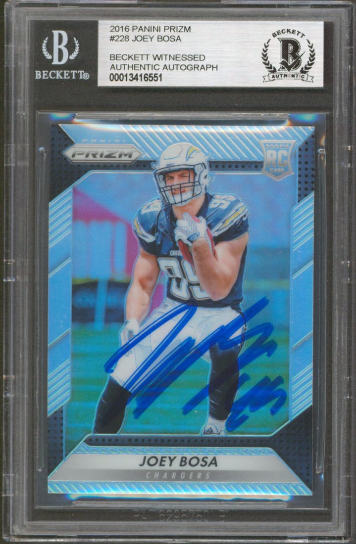Joey Bosa Autographed 2016 Panini Prizm Rookie Card Beckett Authenticated Slab: Joey Bosa Autographed 2016 Panini Prizm Rookie Card Beckett Authenticated Slab This 2016 Panini Prizm #228 rookie card features an authentic signature from Joey Bosa of the Los Angeles Chargers. The c